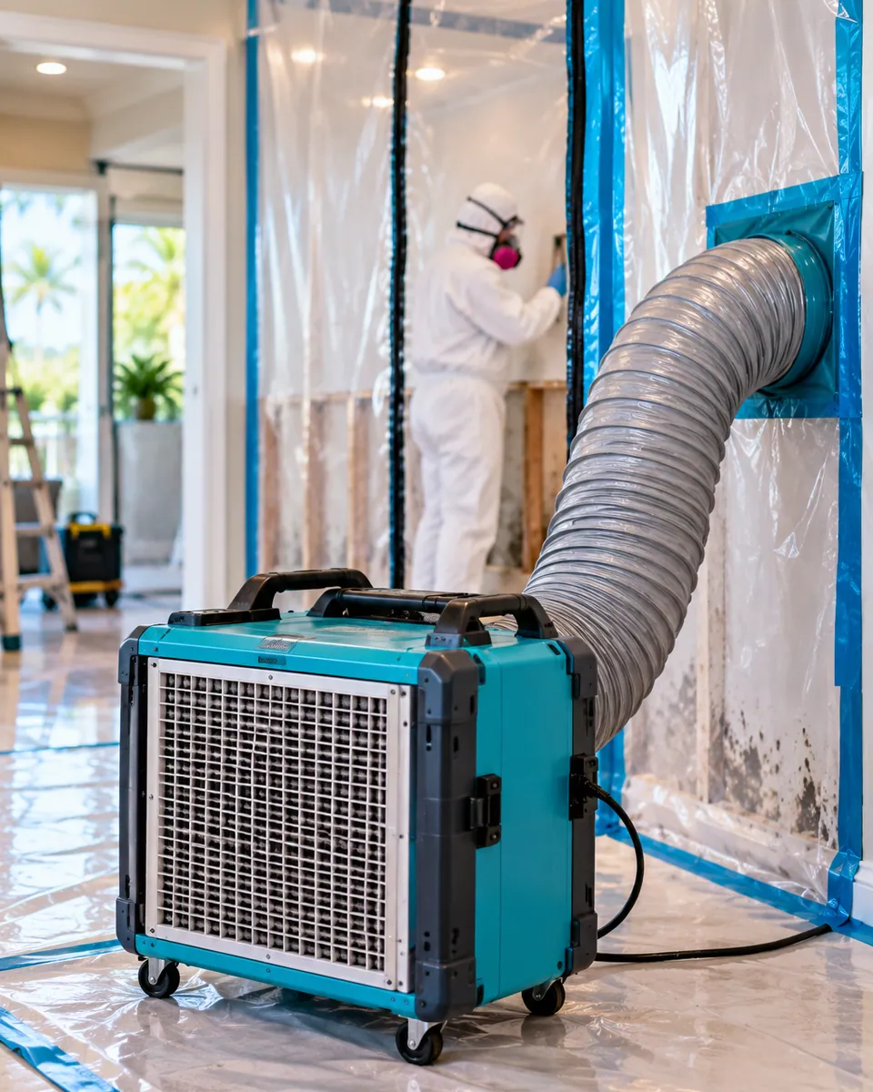 HEPA air scrubber and containment during mold remediation in Ocean Ridge